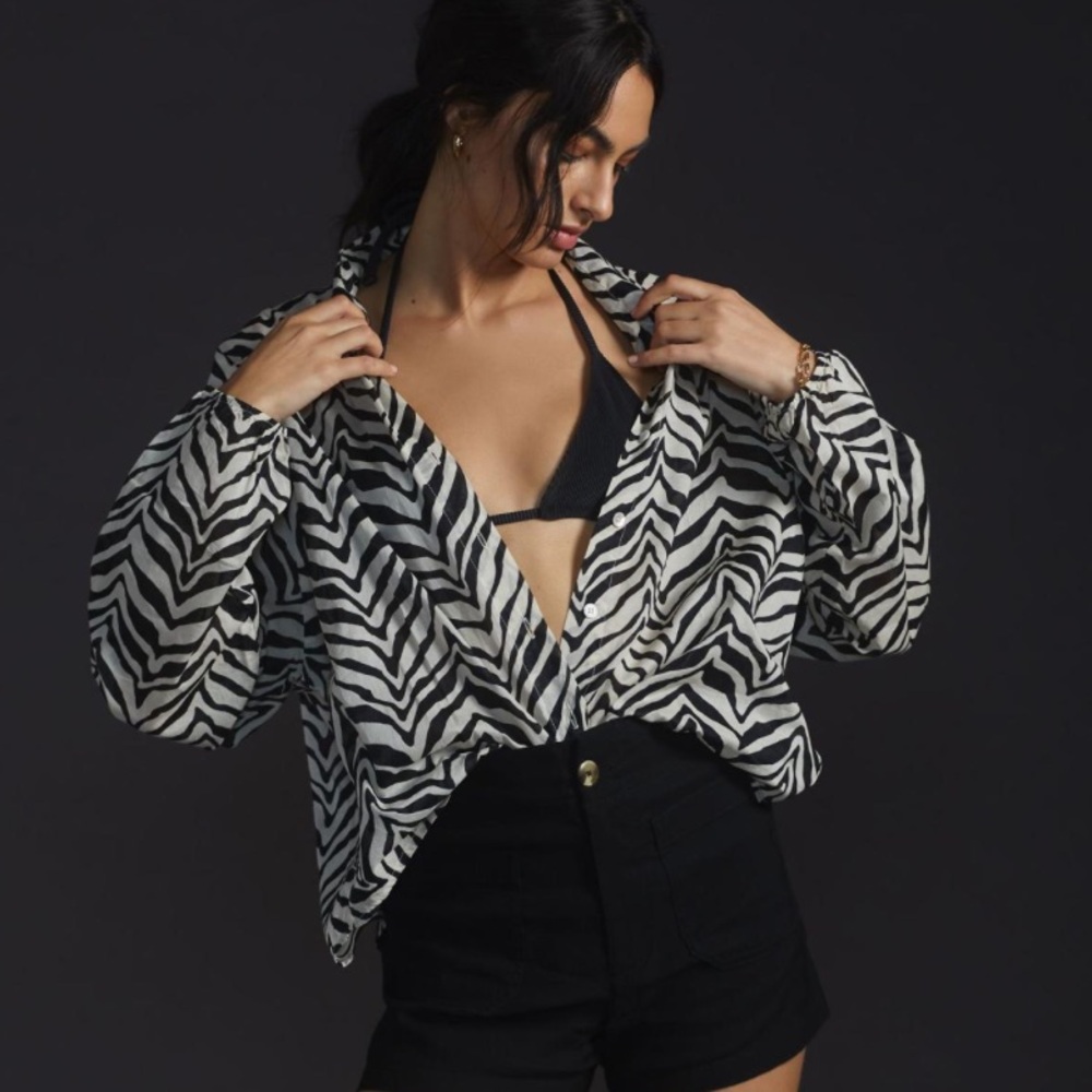 Faithfull The Brand Long Sleeve Buttondown Black Cream Womens Size 6 Medium